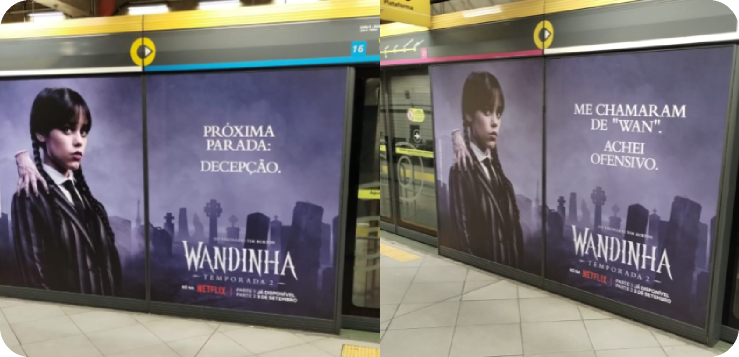 Wednesday — subway platform doors, "Próxima parada: decepção"